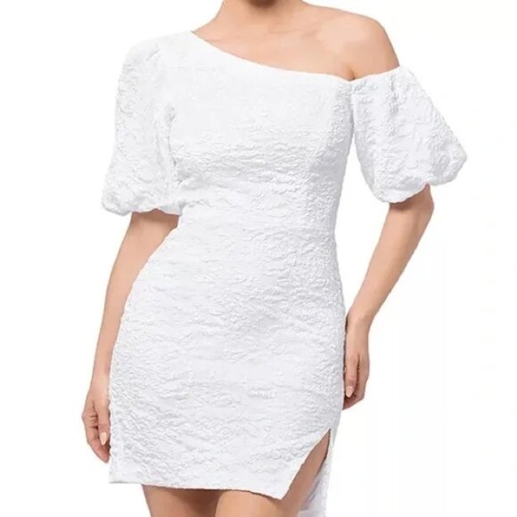 238$ AQUA Elbow Puff Sleeves Asymmetric Brocade Party Mini Dress Size 0 Ivory - Picture 1 of 1